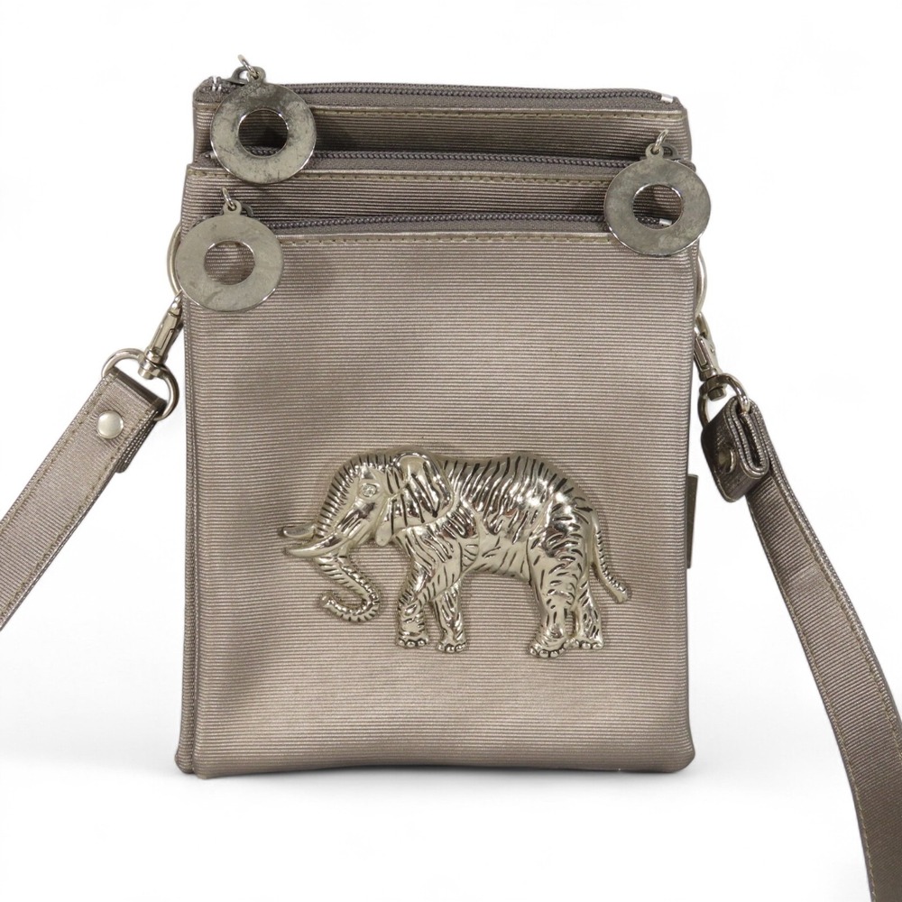 Vintage NIMA CROSSBODY PURSE BAG Warm Pewter Color SILVER ELEPHANT FIGURAL FRONT